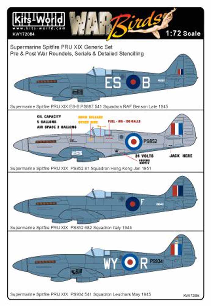 Kits World 172084 Aircraft Decals 1:72 Supermarine Spitfire PRU Mk.XIX Includes