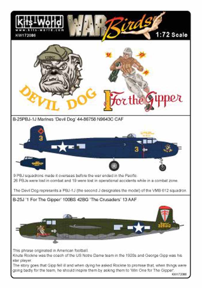 Kits World 172086 Aircraft Decals 1:72 North-American B-25J Mitchell 43-28012 '1
