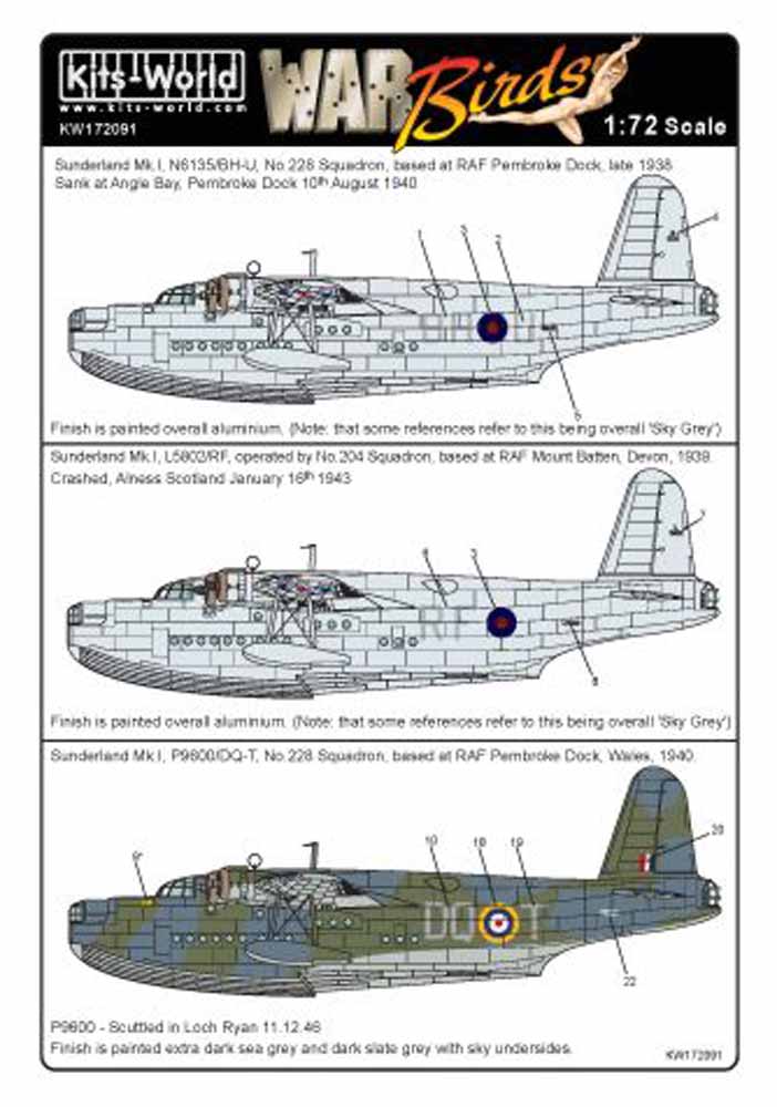 Kits World 172091 Aircraft Decals 1:72 Short Sunderland Mk.I - N6135/BH-U- RAF P