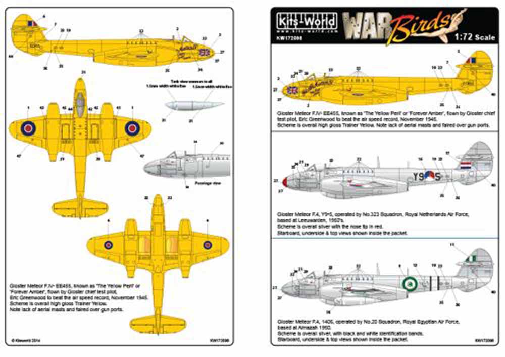 Kits World 172098 Aircraft Decals 1:72 Gloster Meteor F.4- EE455, known as 'The