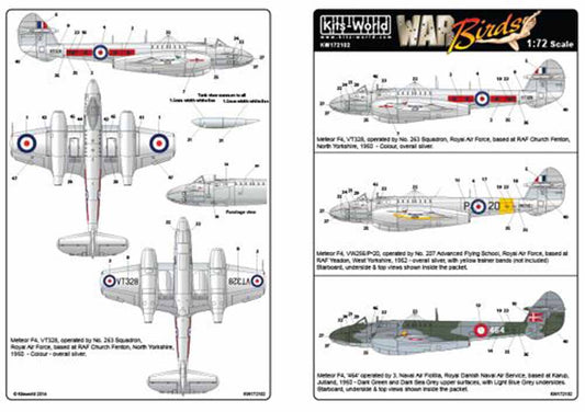 Kits World 172102 Aircraft Decals 1:72 Gloster Meteor F.4, VT328, operated by No