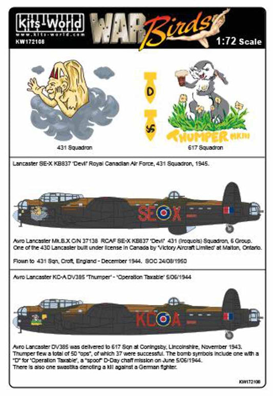 Kits World 172108 Aircraft Decals 1:72 Avro Lancaster B.I/III SE-X KB837 'Devil'