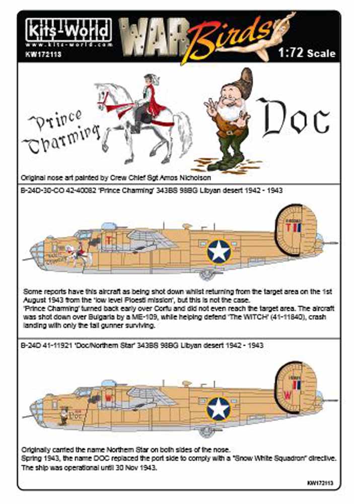 Kits World 172113 Aircraft Decals 1:72 Consolidated B-24D-30-CO Liberator 42-400