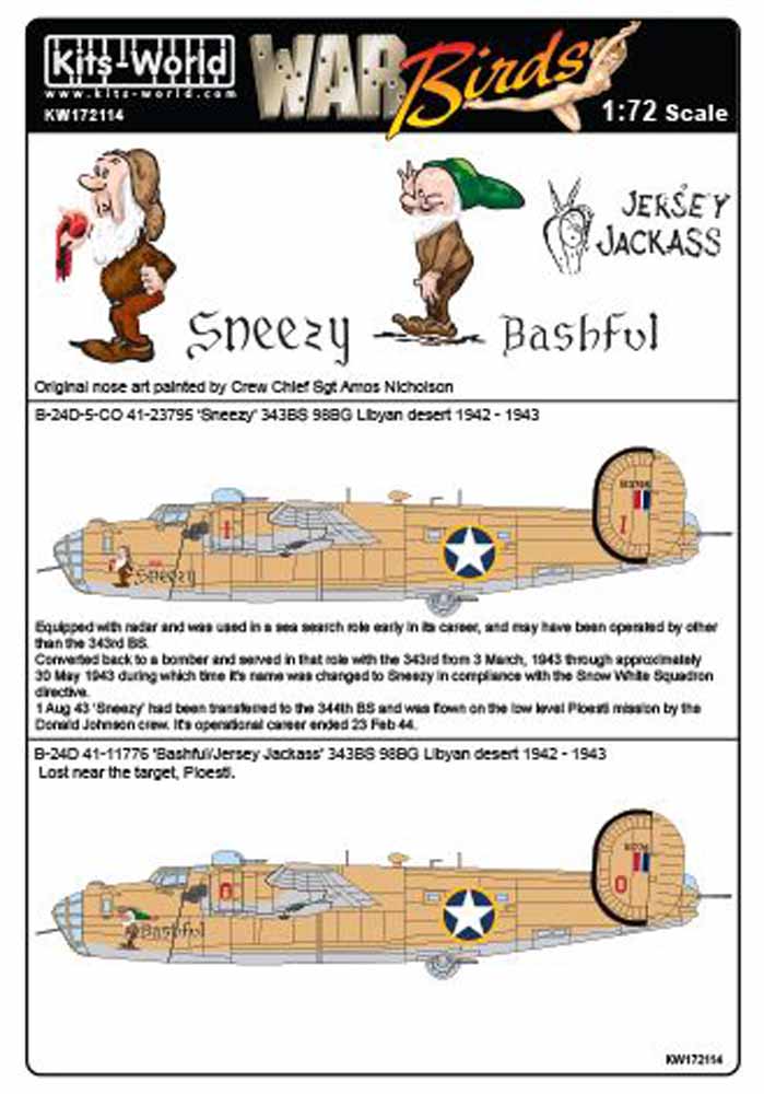 Kits World 172114 Aircraft Decals 1:72 Consolidated B-24D Liberator 343 BS 98 BG