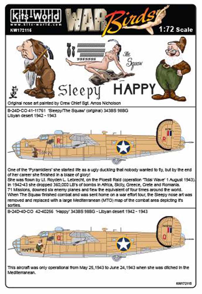 Kits World 172115 Aircraft Decals 1:72 Consolidated B-24D 343 BS 98 BG - CO 42-4