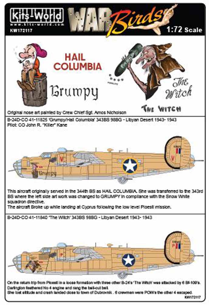 Kits World 172117 Aircraft Decals 1:72 Consolidated B-24D 343 BS 98 BG - CO 41-1