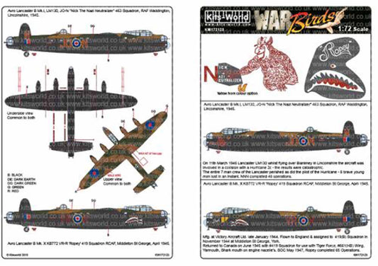 Kits World 172123 Aircraft Decals 1:72 Avro Lancaster B.I, LM130, JO-N 'Nick The