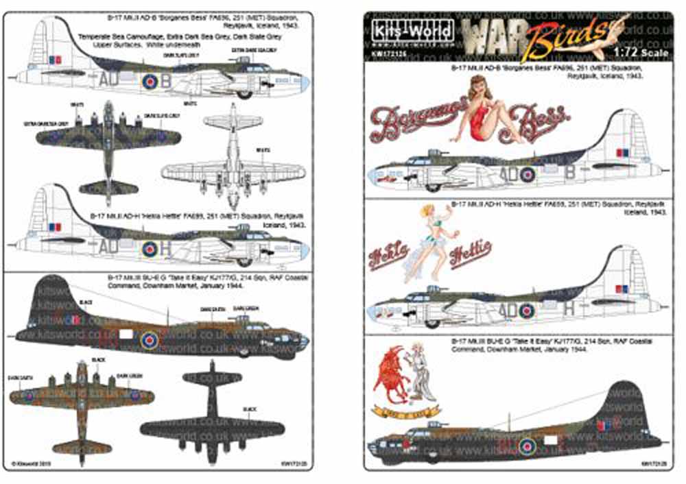 Kits World 172125 Aircraft Decals 1:72 Boeing B-17 Mk.II AD-B 'Borganes Bess' FA