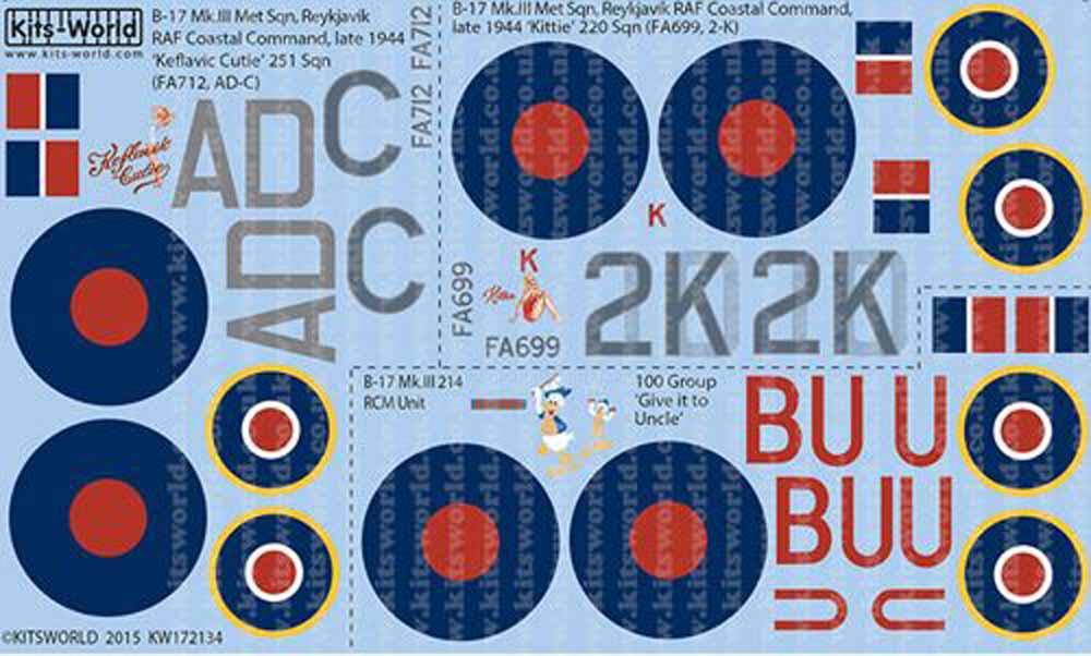 Kits World 172134 Aircraft Decals 1:72 Boeing B-17 Mk.III 'Kittie' (FA699, 2-K)