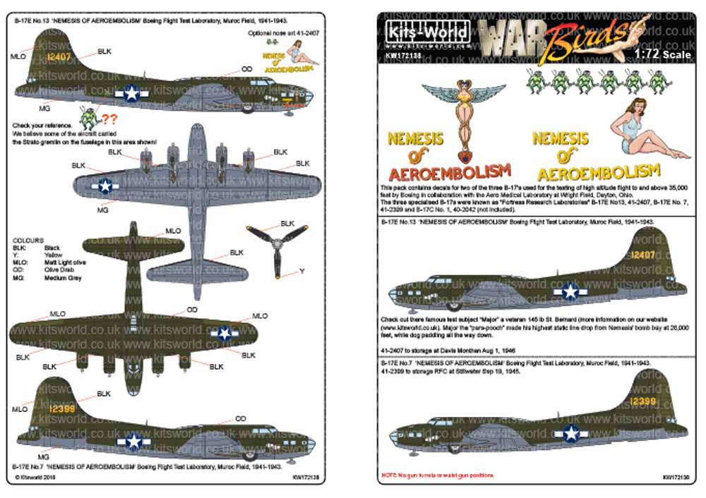Kits World 172138 Aircraft Decals 1:72 Boeing B-17E Flying Fortress 41-2407 No.1