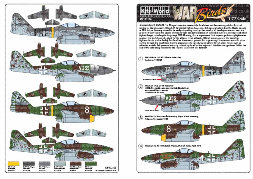 Kits World 172156 Aircraft Decals 1:72 Messerschmitt Me-262A-1a III/EJG 2 Oberst