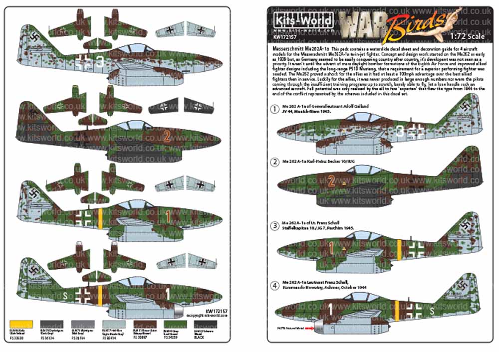 Kits World 172157 Aircraft Decals 1:72 Messerschmitt Me-262A-1a of Generalleutna