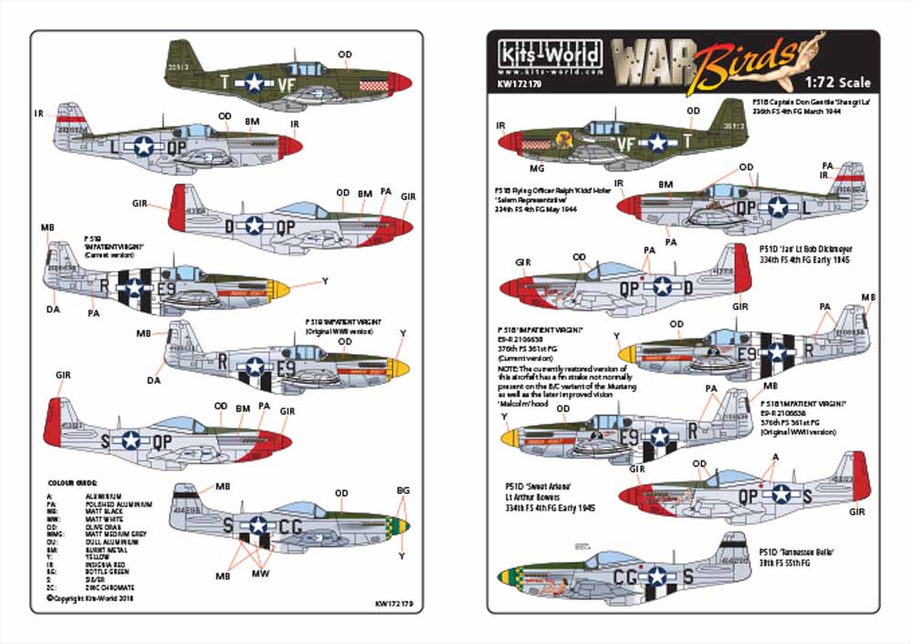 Kits World 172179 Aircraft Decals 1:72 North-American P-51B Mustang 43-6913 VF-T