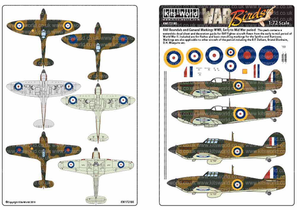 Kits World 172180 Aircraft Decals 1:72 RAF Roundels and General Markings WWII, E