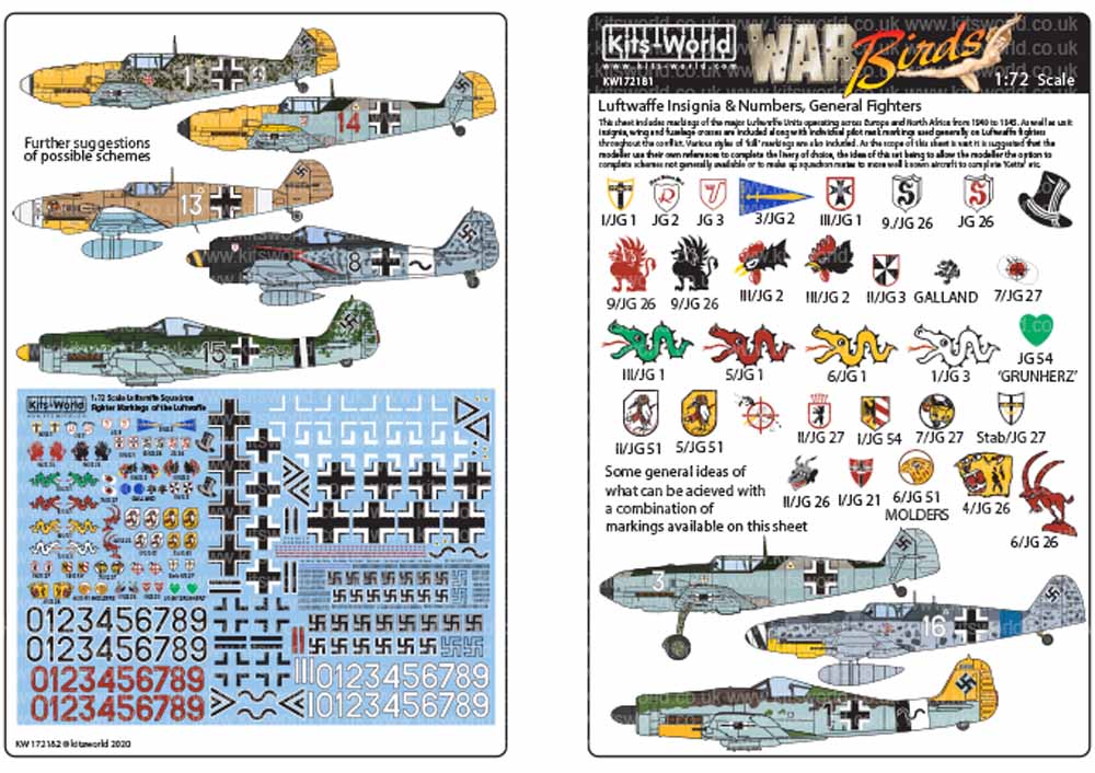 Kits World 172181 Aircraft Decals 1:72 Luftwaffe Squadron Fighter Markings of th