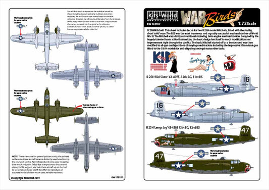 Kits World 172197 Aircraft Decals 1:72 NQ B-25H Mitchell 'Kid Sister'