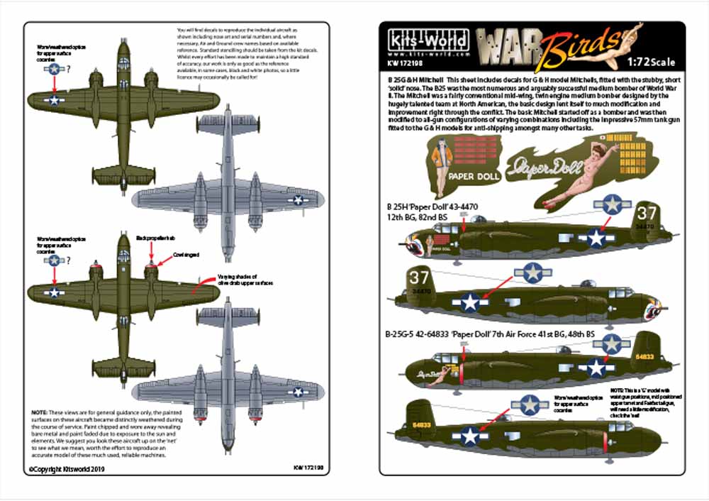 Kits World 172198 Aircraft Decals 1:72 North-American B-25H Paper Doll