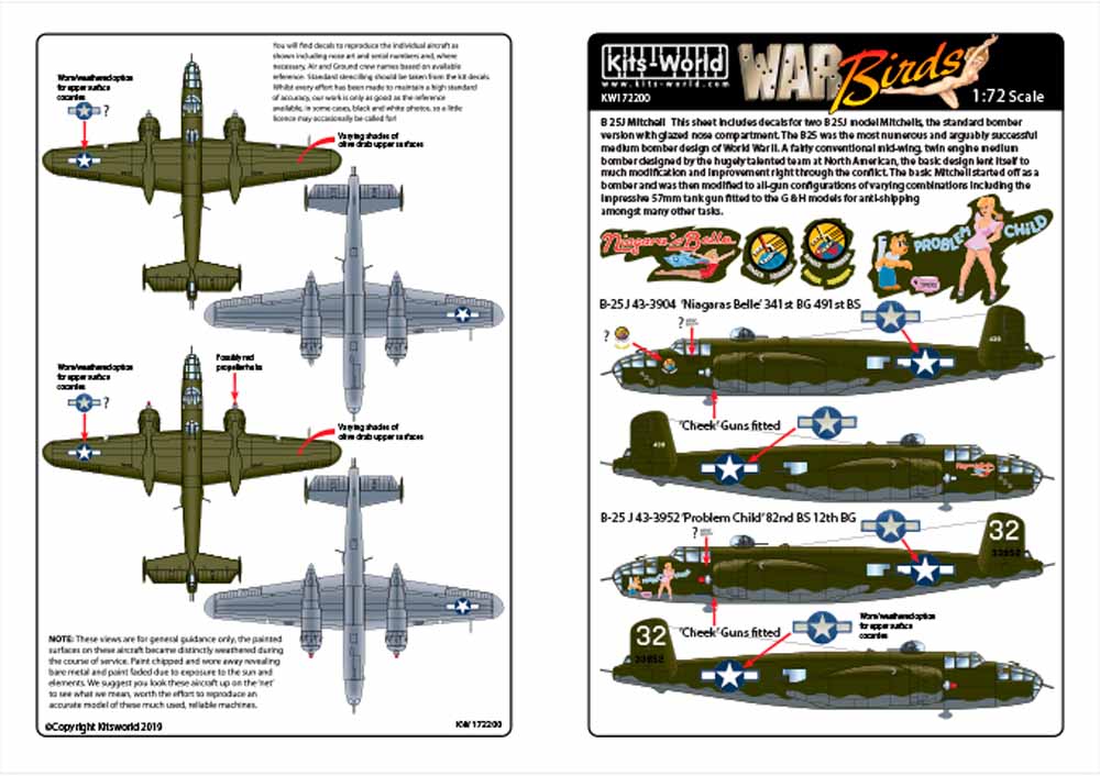 Kits World 172200 Aircraft Decals 1:72 NA B-25J 43-3904 Niagaras Belle
