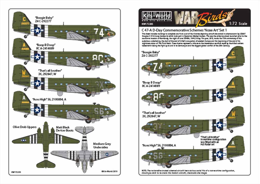 Kits World 172205 Aircraft Decals 1:72 Douglas C-47A Dakota 'Boogie Baby' Z4 C-2