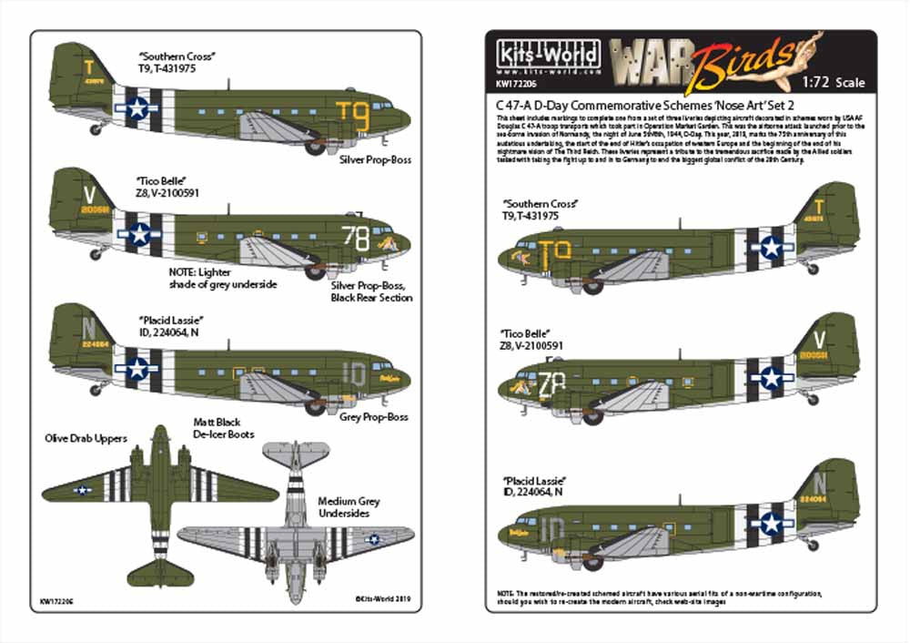 Kits World 172206 Aircraft Decals 1:72 Douglas C-47A Dakota 'Southern Cross' T9,