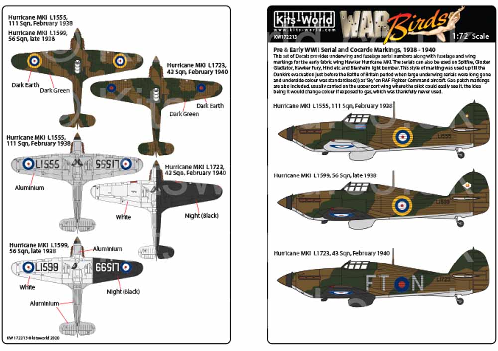 Kits World 172213 Aircraft Decals 1:72 Pre & Early WWII Serial and Cocarde Marki