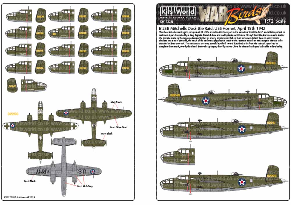 Kits World 172215 Aircraft Decals 1:72 North-American B-25B Mitchells Doolittle
