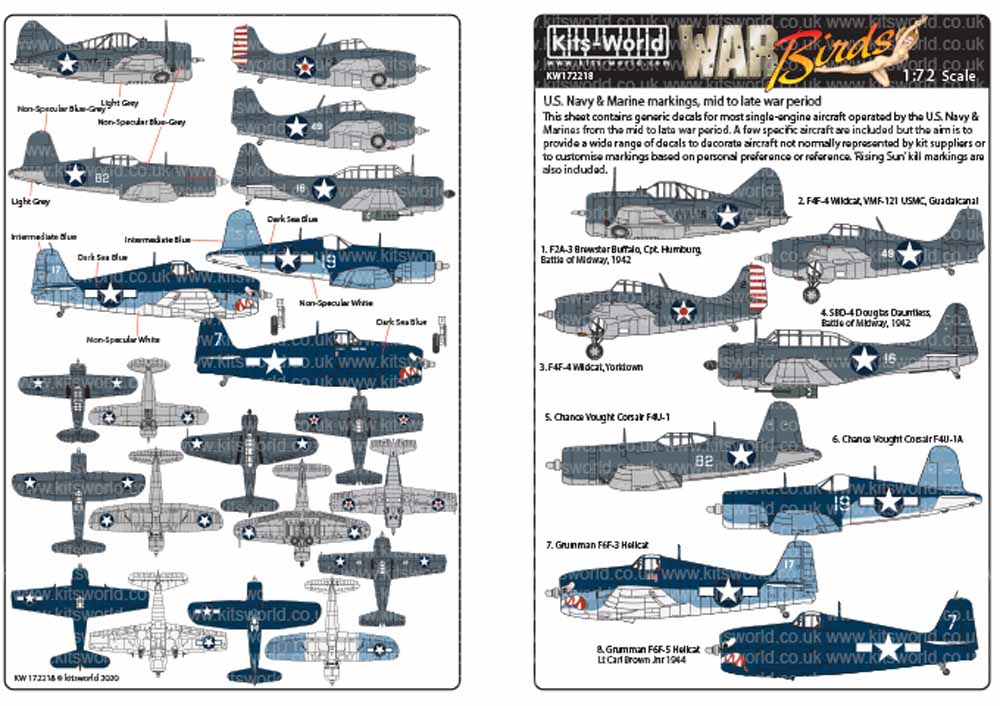 Kits World 172218 Aircraft Decals 1:72 U.S. Navy & Marine markings, mid to late