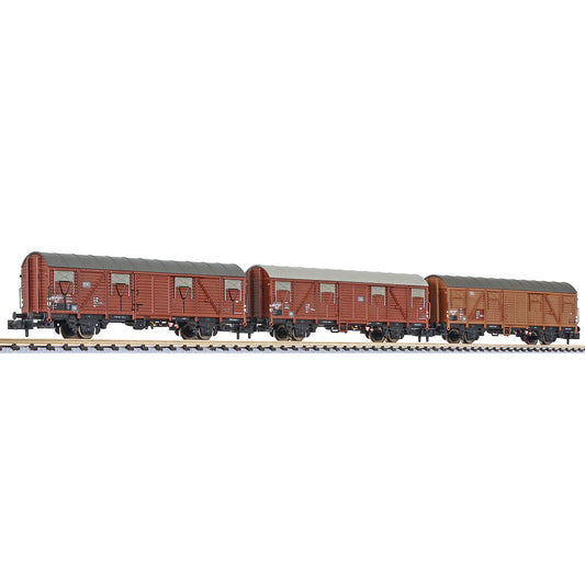 Liliput 260149 3-unit closed wagon Gbs 245 wooden walls no platform DB EpIV N Gauge
