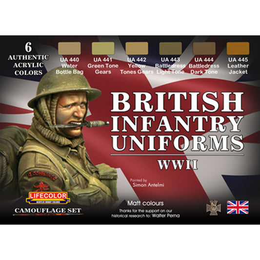 LifeColor WWII British Infantry Uniforms Acrylic Paint Set (6x22ml) CS41