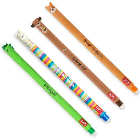 Legami Erasable Gel Pen Bundle: Teddy, Corgi, Llama & Dino