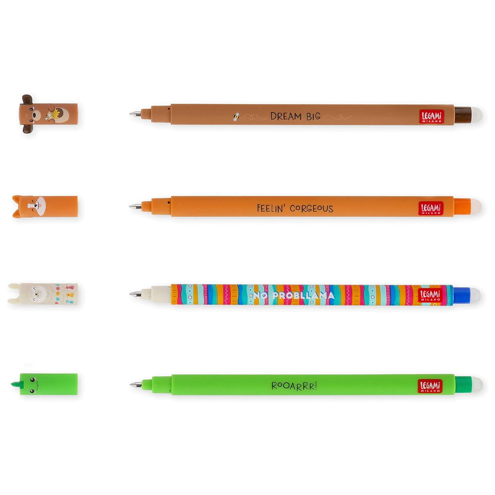 Legami Erasable Gel Pen Bundle: Teddy, Corgi, Llama & Dino