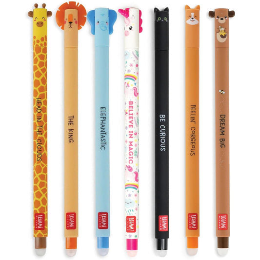 Legami Erasable Gel Pen Bundle x7: Elephant, Lion, Unicorn, Cat, Corgi, Teddy +