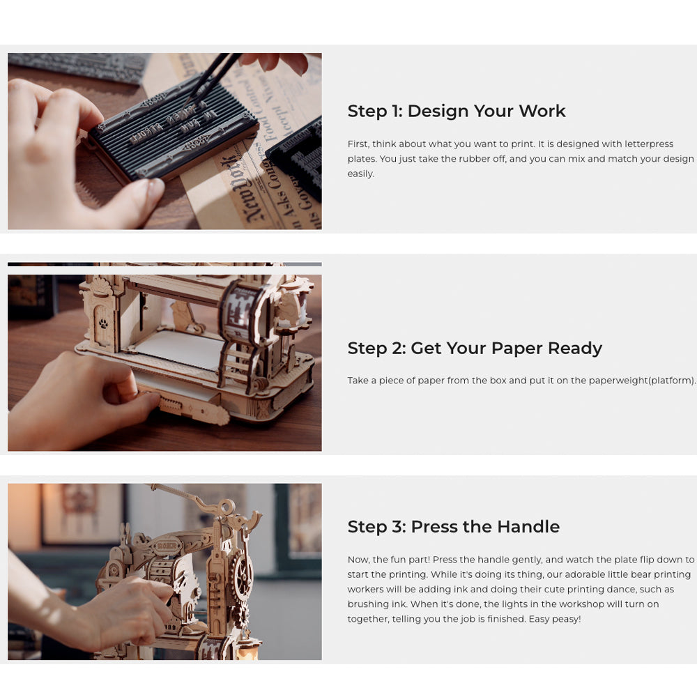ROKR Classic Printing Press Mechanical 3D Wooden Model Kit LK602