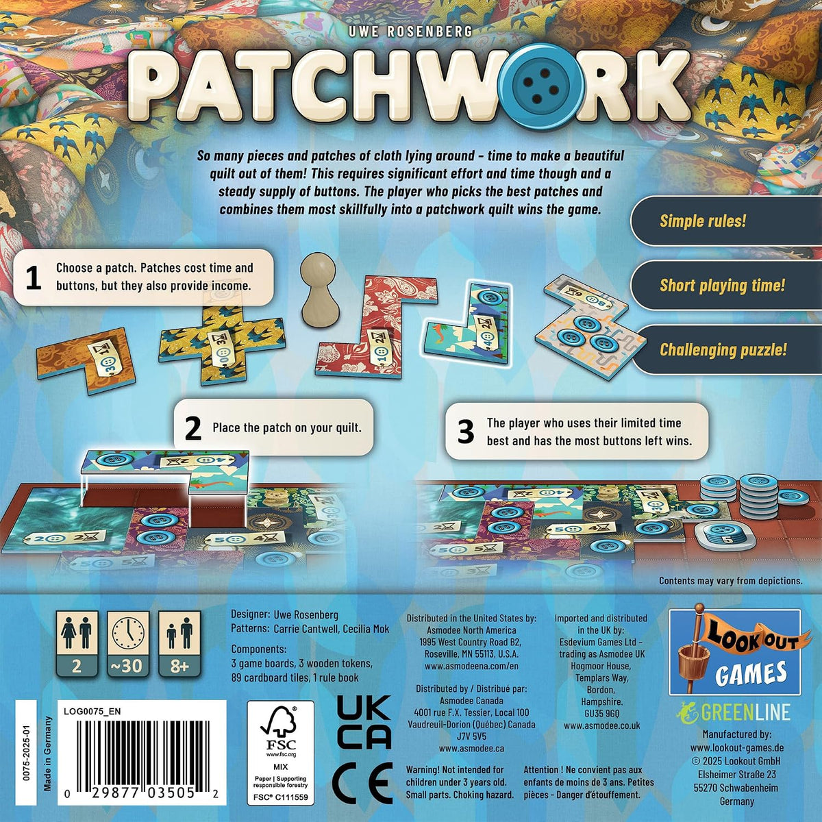 Patchwork (Revised Edition) Board Game Age 8+ 2 Players