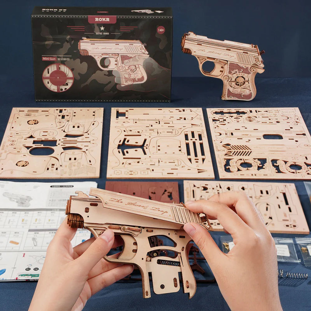 ROKR Justice Guard Rubber Band Mini Gun Wooden Model Kit DIY 3D Puzzle LQ502