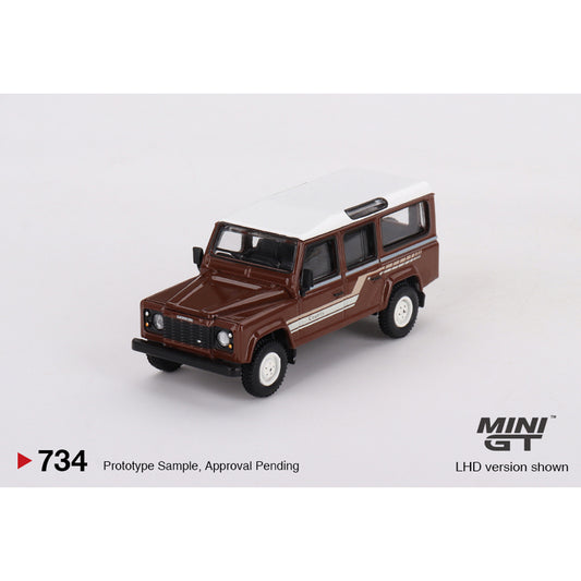 MiniGT Land Rover Defender 110 1985 County Station Wagon Brown 1:64 Model 734-L