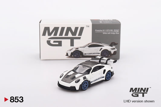 MiniGT Porsche 911 992 GT3 RS Weissach White Indigo Blue RHD Blister 1:64 853-BL