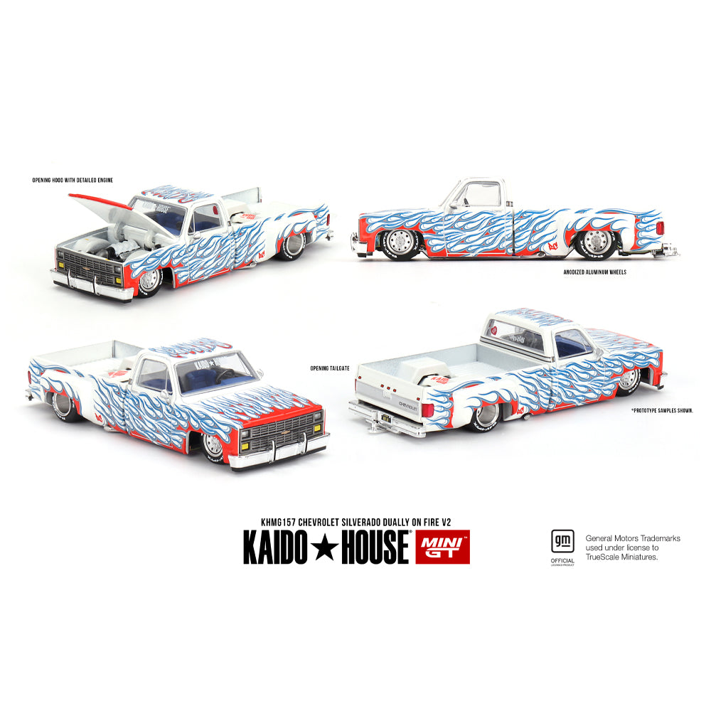 MiniGT Kaido House Chevrolet Silverado Dually on Fire V2 1:64 Diecast Car No.157