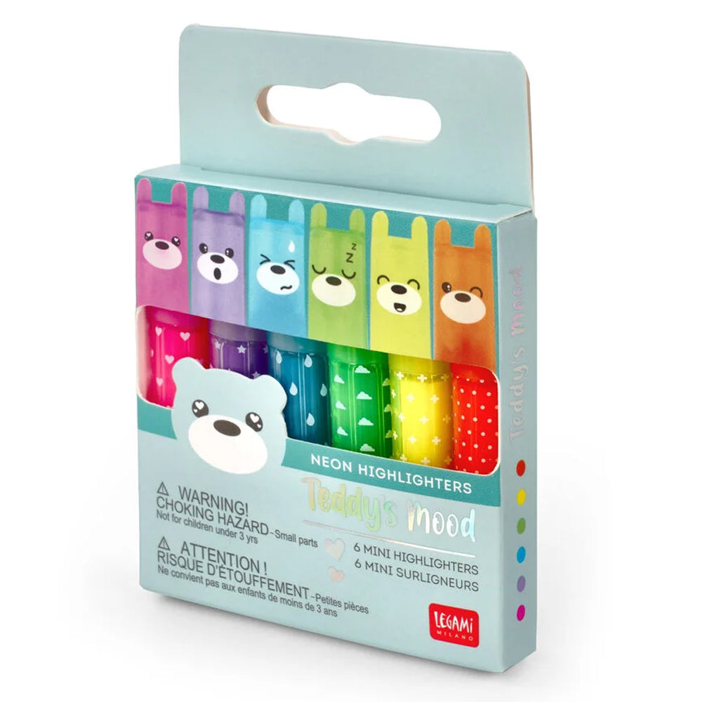Legami Set of 6 Mini Highlighters - Teddy's Mood