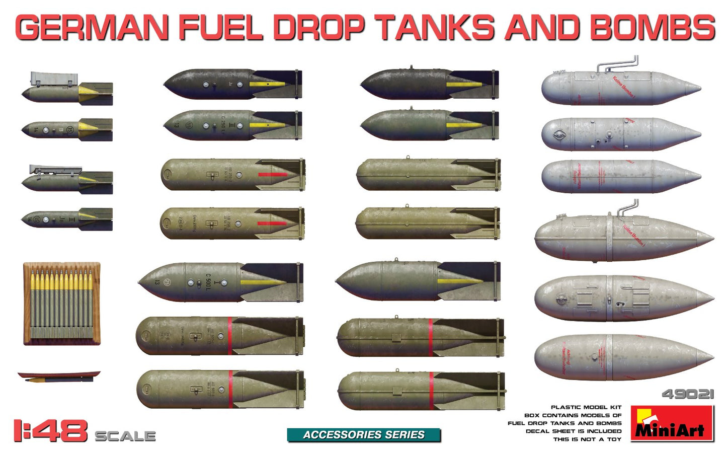 Miniart 49021 GERMAN FUEL DROP TANKS AND BOMBS 1:48 Model Kit