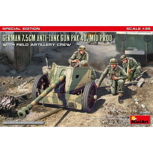 Miniart 7.5cm Anti-Tank Gun PaK 40. Mid Prod w/ Artillery Crew 1:35 Model Kit