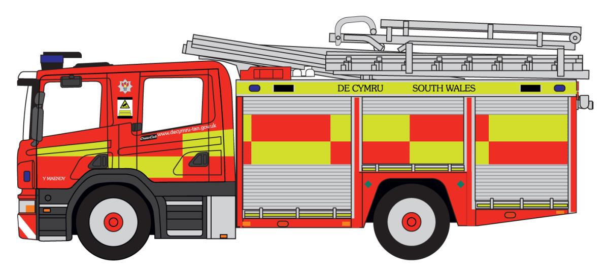 Oxford Diecast 76SFE012 Scania Pump Ladder CP28 South Wales Fire & Rescue OO