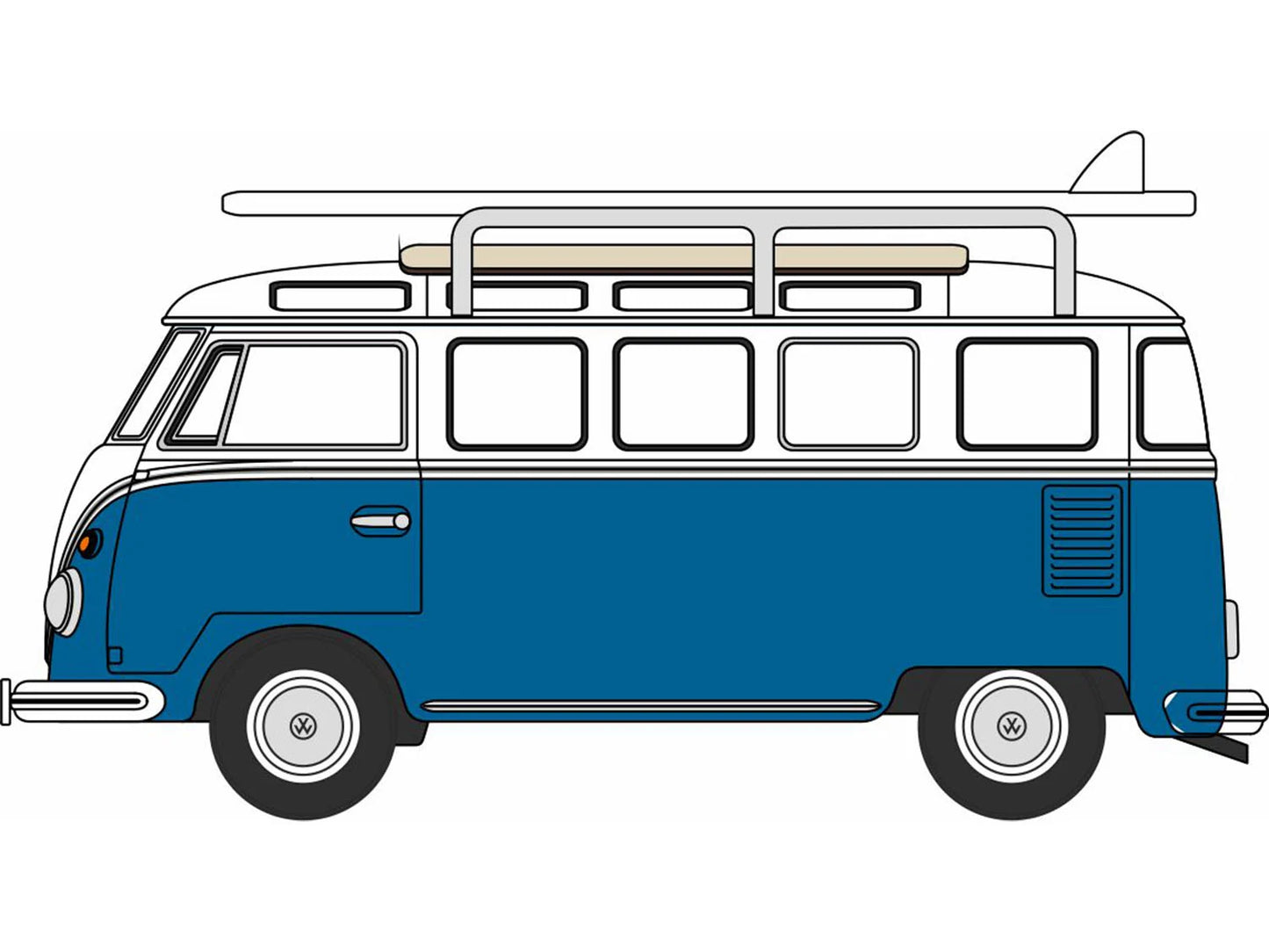 Oxford Diecast VW T1 Split Screen Samba Bus/Surfboards Gulf Blue/White