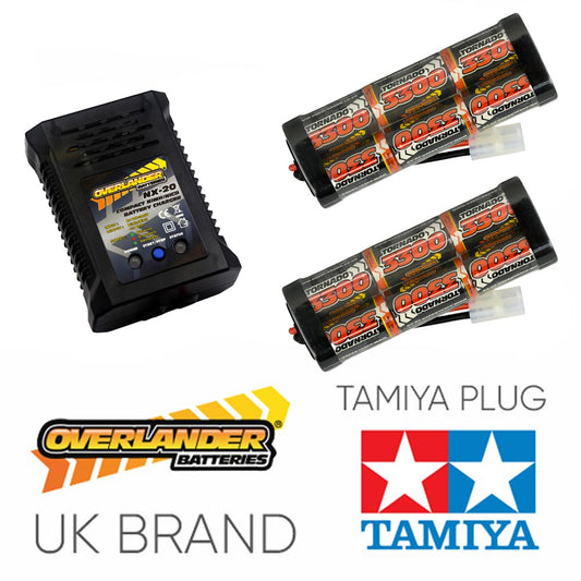 Overlander 3300mah 7.2v Battery x2 & NX-20 2A NiMH Charger - RC Car Tamiya
