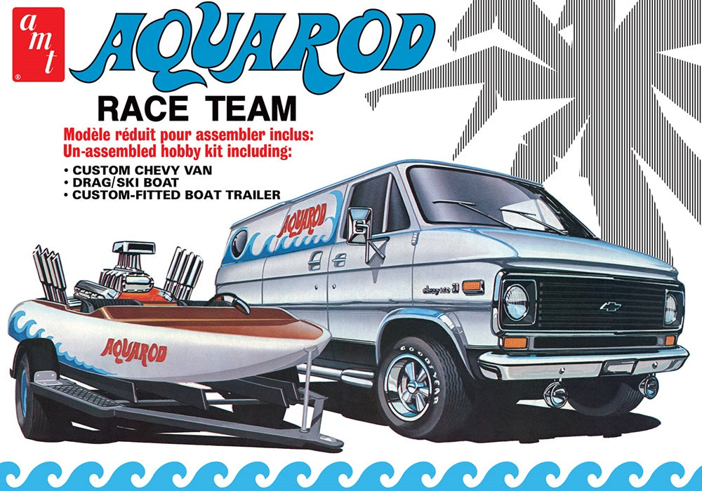AMT 1338 Aquarod Race Team 1975 Chevy Van w/Drag/Ski Boat Trailer 1:25 Model Kit