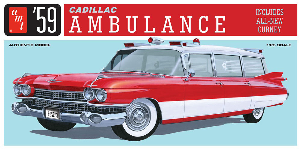 AMT 1395 1959 Cadillac Ambulance w/ Gurney 1:25 Model Kit