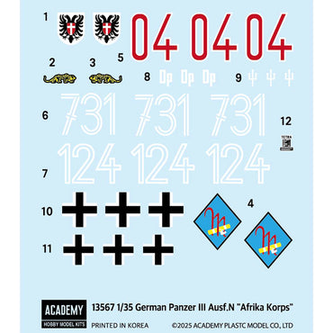 Academy 13567 German Army Panzer III Ausf N "Afrika Korps" Tank 1:35 Model Kit