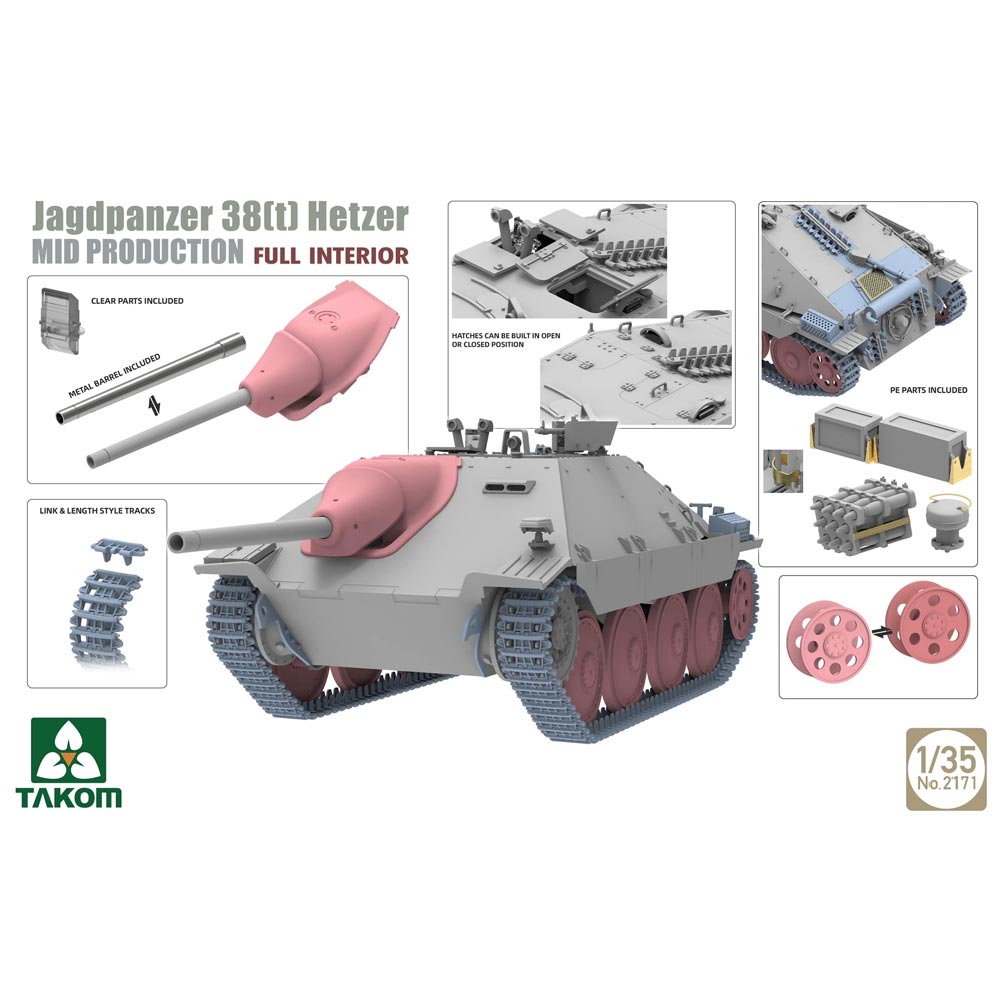 Takom 2171 WWII Jagdpanzer 38(t) Hetzer w/Interior Mid Prod. 1:35 Model Kit