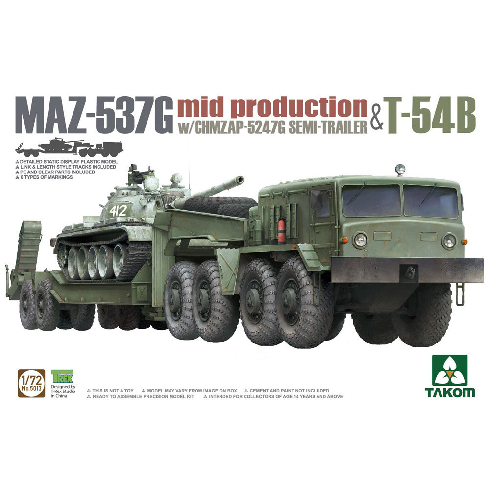 Takom 5013 MAZ-537G w/ChMZAP-5247G Semi-trailer Mid-production & T-54B 1:72 Model Kit