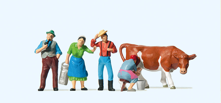 Preiser 10044 Farm Workers (4) & Cow Being Milked Exclusive Figure Set HO